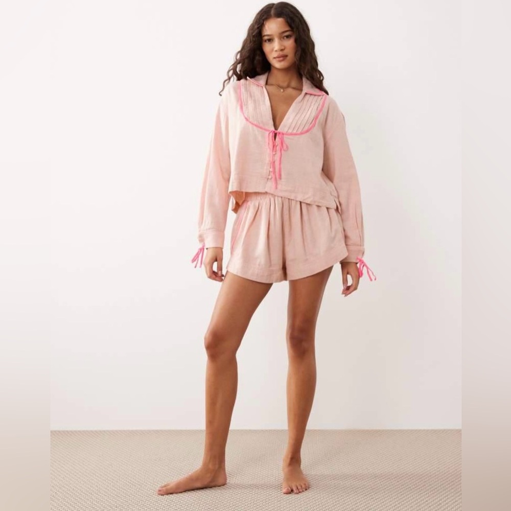 Free People Close‎ to Home Flannel Pajama Set, Multiple Sizes, Neon Peach, NWT
